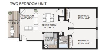 Floor plan for 2 beds, 1 bath, 789 sqft